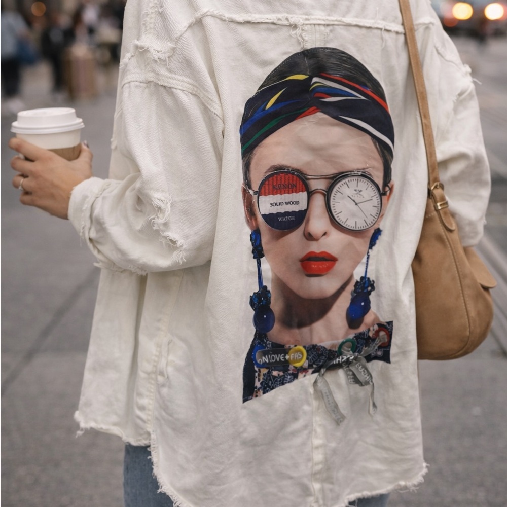 Cream Graphic Jean Jacket with Portrait Back Print